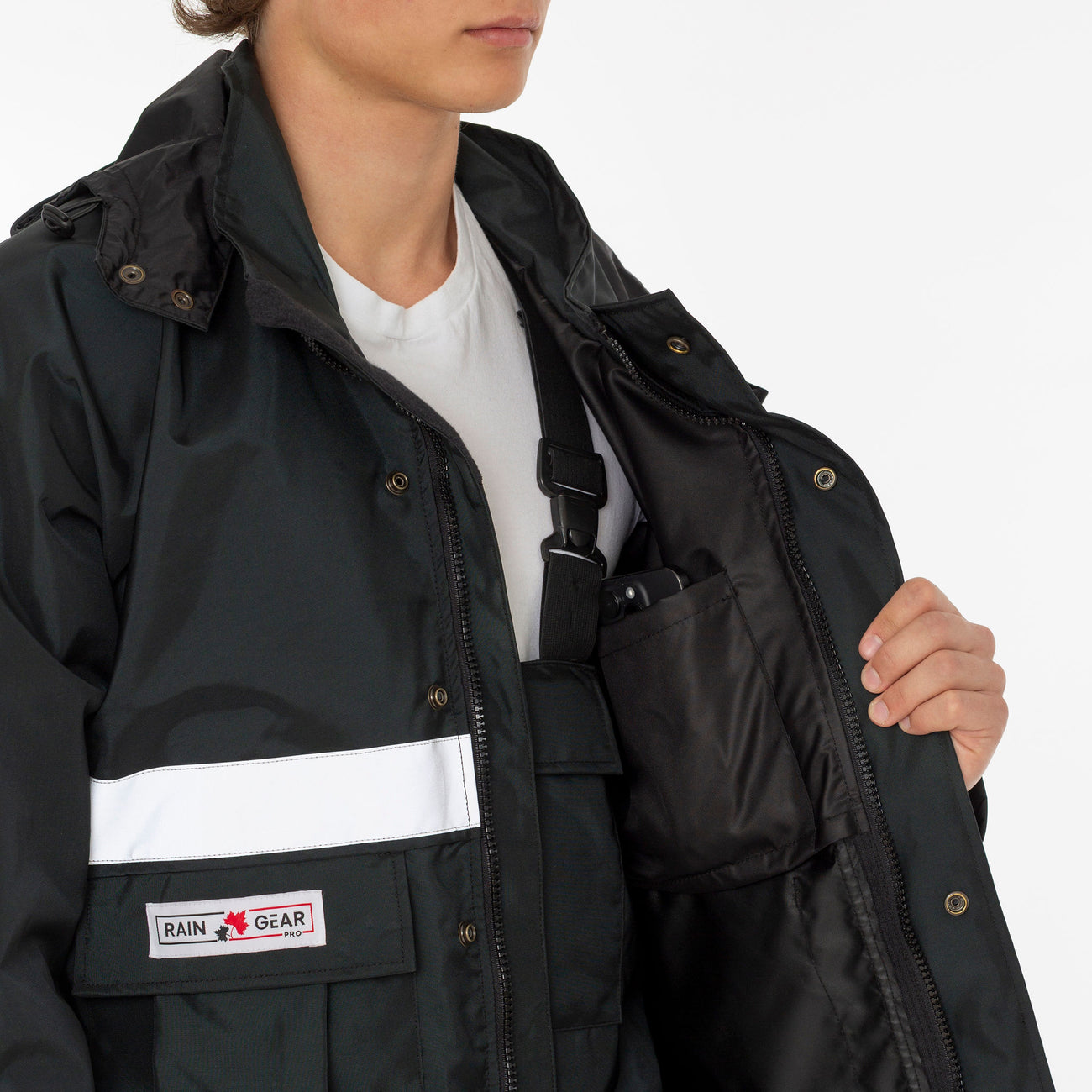 The Apex Unlined Rain Jacket open, showing the two-layer shell and inner chest pocket