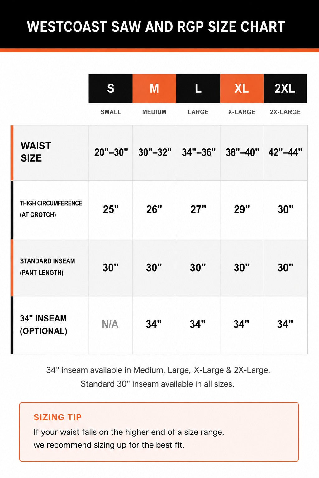 Westcoast Saw Saw Pant size chart