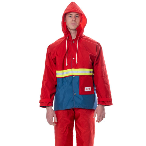 Unlined Waterproof Hurricane Rain Jacket in high-visibility red and blue